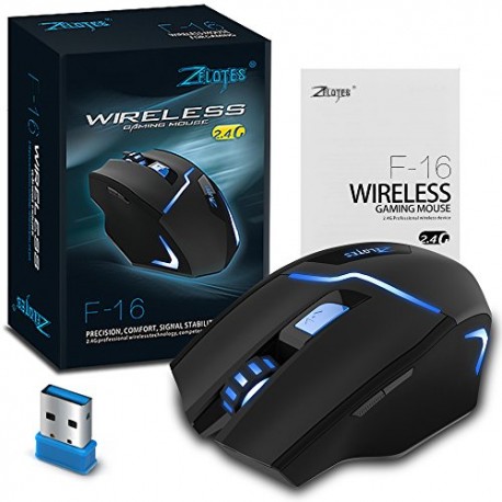 2.4G Wireless Portable Mouse, Zelotes F16 Professional Optical Adjustable LED Gaming Mice 3 DPI Levels with USB Receiver - Envío