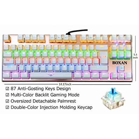 BOXAN 87 Key Backlit Mechanical Keyboard, Colorful USB Wired Computer Gaming Keyboard for PC & Mac with Blue Switch - Rose Gold 